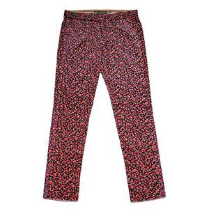 Mens 36 Red Blue Floral Velvet Gurkha Pants High Waist Flat Front Dress Trousers